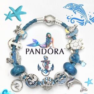 Authentic PANDORA blue rope bracelet w mix 925 charms ‘down deep nautical design